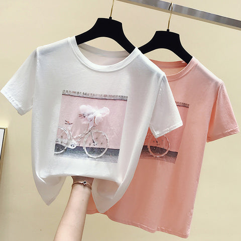 Korea New 2019 Spring Summer tshirt Casual Bike Print For Women  Short Sleeve T-shirts Female Fashion Funny Women  Soft Tshirt
